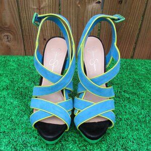 Jessica Simpson EVANGELA Size 10B/40 Neon Blue Suede Strappy Platform Heels